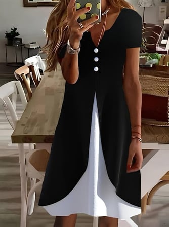 Kadın Kısa Kollu V Yakalı önden Düğmeli çift Renkli Viskon Elbise