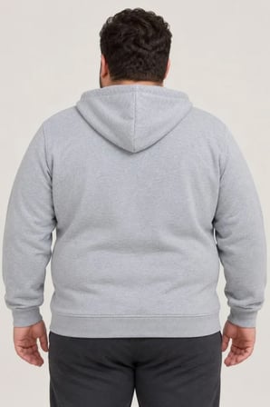 Erkek Battal Büyük Beden Üç İplik İçi Şardonlu Kapüşonlu Tam Fermuarlı Kışlık Sweatshirt - Gri
