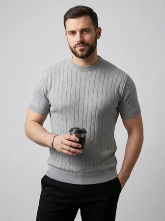 Erkek Yazlık Triko Dokuma Tişört Kısa Kol Bisiklet Yaka Örgü Desenli T-Shirt - Gri