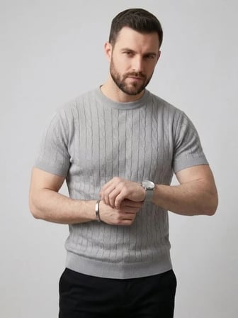 Erkek Yazlık Triko Dokuma Tişört Kısa Kol Bisiklet Yaka Örgü Desenli T-Shirt - Gri
