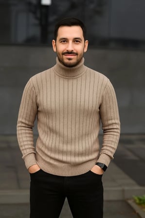 Erkek Fitilli Triko Kazak 2li Set Bej Siyah Regular Balıkcı Yaka Tam Boğazlı Triko Seti Modeli Kazak