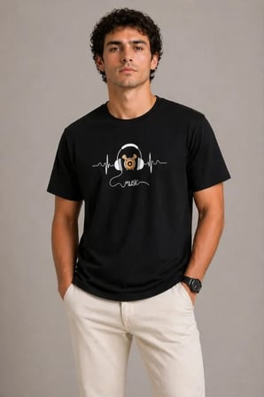 Erkek Müzik Temalı Baskılı Tişört Bisiklet Yaka Kısa Kol T-Shirt - Siyah