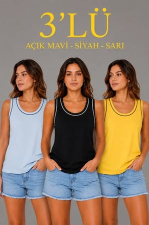 3’lü Kolsuz Sporcu Atlet Seti Yazlık Bisiklet Yakalı - Sarı, Siyah, Bebe Mavisi