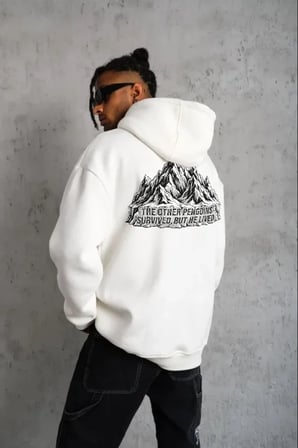 Erkek Nihilist Penguen Temalı Oversize Kapüşonlu Sweatshirt - Beyaz