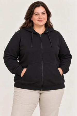 Battal Büyük Beden Üç İplik İçi Şardonlu Kapüşonlu Tam Fermuarlı Kışlık Sweatshirt - Siyah