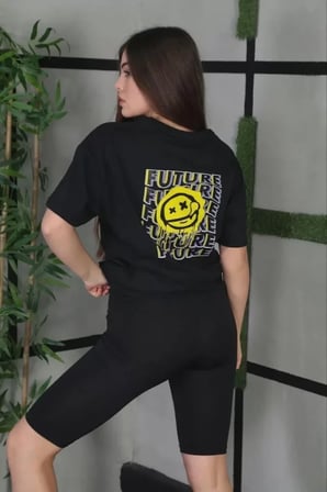 Unisex Bisiklet Yaka Baskılı Oversize T-Shirt - Siyah