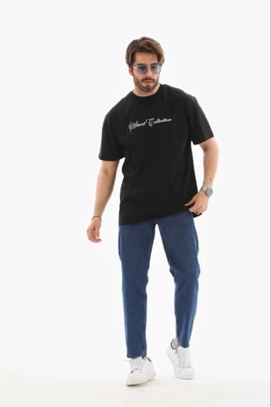 Erkek Baskılı T-Shirt Kısa Kol Bisiklet Yaka Regular Fit Rahat Kalıp Günlük Tişört - Siyah