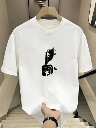 Rahat Bisiklet Yaka Tişört, Yaratıcı Karikatür Baskı - Yumuşak Polyester, Her Mevsim Giyilebilir- Beyaz
