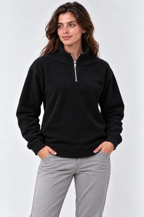 Polar Dik Yaka Yarım Fermuarlı Uzun Kollu Regular Fit Kışlık Sweatshirt - Siyah