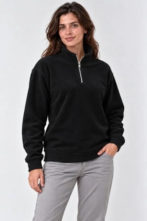Polar Dik Yaka Yarım Fermuarlı Uzun Kollu Regular Fit Kışlık Sweatshirt - Siyah