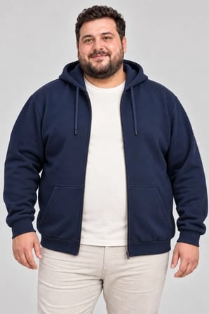 Erkek Battal Büyük Beden Üç İplik İçi Şardonlu Kapüşonlu Tam Fermuarlı Kışlık Sweatshirt - Lacivert