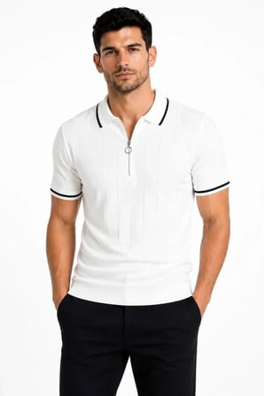 Erkek Fitilli Triko T-shirt Polo Yaka Yarım Fermuarlı Kısa Kollu Tişört - Beyaz