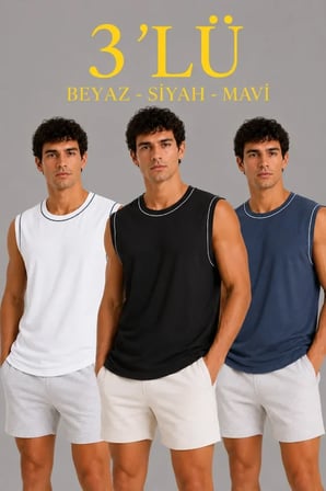 Erkek 3’lü Kolsuz Sporcu Atlet Seti Yazlık Bisiklet Yaka - Siyah, Beyaz, İndigo