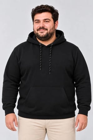 Erkek Battal Büyük Beden Üç İplik İçi Şardonlu Kapüşonlu Kanguru Cepli Kışlık Sweatshirt - Siyah