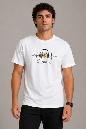 Erkek Müzik Temalı Baskılı Tişört Bisiklet Yaka Kısa Kol T-Shirt - Beyaz