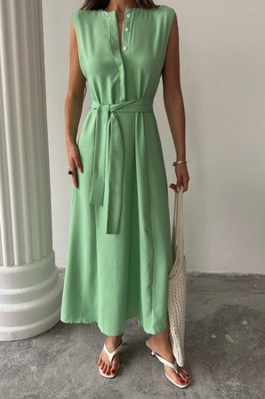 KETEN ELBİSE KOLSUZ BEL BAĞLAMALI MAXİ ELBİSE - Yeşil