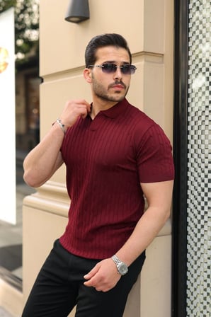 Erkek Örgü Desen Yakalı Kısa Kollu Triko Tişört