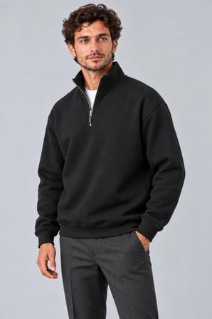 Erkek Üç İplik İçi Şardonlu Dik Yaka Yarım Fermuarlı Kışlık Sweatshirt - Siyah