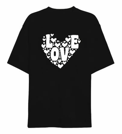 14 Şubat Sevgililer Günü Love Kalp Baskılı Oversize Bisiklet Yaka T-shirt - Siyah
