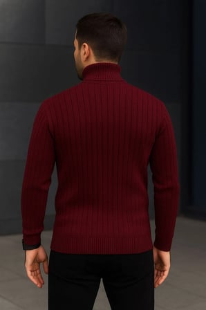Erkek Fitilli Triko Kazak 2li Set Bordo Siyah Regular Balıkcı Yaka Tam Boğazlı Triko Seti Modeli Kazak