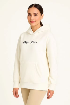 Oversize Üç İplik Şardonlu Kapüşonlu Sweatshirt – Beyaz “Other Lives” Ön Ve Arka Baskılı, Kanguru Cepli, Ribanalı Rahat Kışlık Model Beyaz
