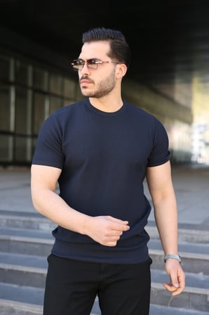 Erkek Bisiklet Yaka Petek Dokulu Kısa Kollu Triko Tişört