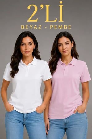 2li Polo Yaka Pike Kumaş Düğmeli Basic Tişört Günlük Rahat Kesim - Beyaz, Pembe