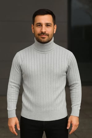 Erkek Fitilli Triko Kazak 2li Set Gri Siyah Regular Balıkcı Yaka Tam Boğazlı Triko Seti Modeli Kazak