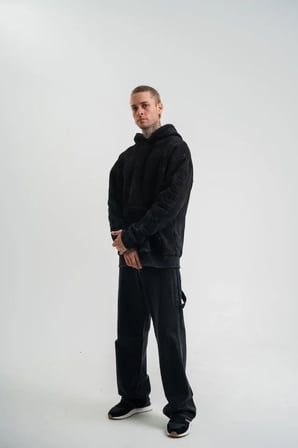 Unisex Uzun Kol Kapşonlu Yıkamalı Nakışlı SweatShirt - Siyah