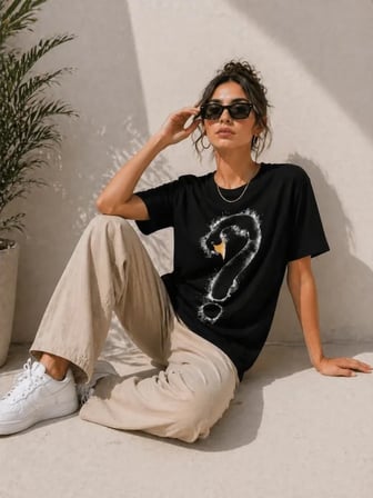 Kuğu Figürlü Soru İşareti Baskılı Tişört Kısa Kol T-Shirt - Siyah