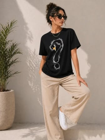 Kuğu Figürlü Soru İşareti Baskılı Tişört Kısa Kol T-Shirt - Siyah