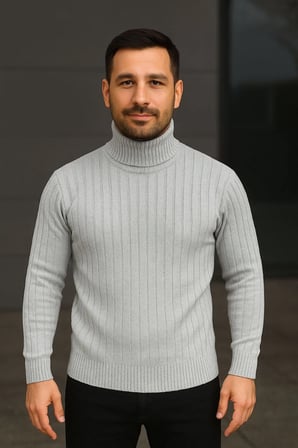Erkek Balıkcı Yaka Bağazlı Triko Kazak Pamuklu Kalın Fitilli Dokuma, Regular Fit Uzun Kollu Kışlık Model - Gri