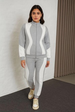 Premium Parçalı Eşofman Takım - Dik Yaka Fermuarlı Sweatshirt - Gri