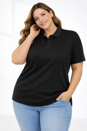 Pike Kumaş Düğmeli Yaka Battal Büyük Beden Günlük Kısa Kol Tişört T-shirt - Siyah