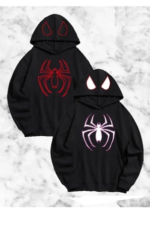 Sevgili Çift Kombini Örümcek Baskılı Kapüşonlu Sweatshirt Hoodie - Siyah