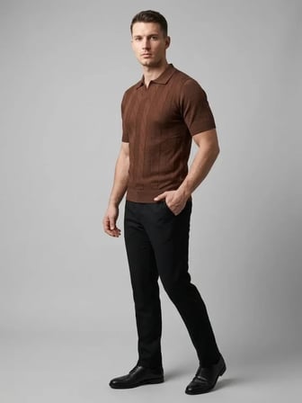 Erkek Yazlık Triko Dokuma Tişört Kısa Kol Polo Yaka T-Shirt - Kahverengi