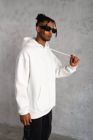 Erkek Düz Kapüşonlu Sweat - Beyaz