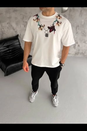 Erkek Baskılı T-Shirt Kısa Kol Bisiklet Yaka Regular Fit Rahat Kalıp Günlük Tişört - Beyaz