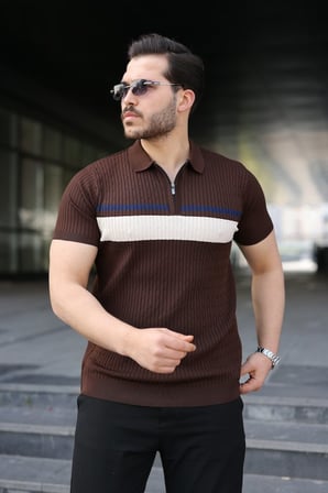 Erkek Örgü Desenli Renkli Kısa Kollu Triko Tişört