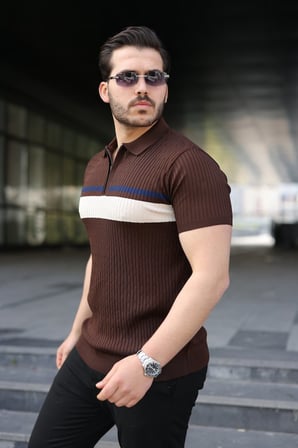 Erkek Örgü Desenli Renkli Kısa Kollu Triko Tişört