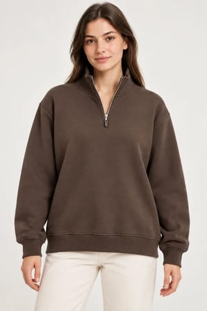 Üç İplik İçi Şardonlu Dik Yaka Yarım Fermuarlı Kışlık Sweatshirt - Kahverengi
