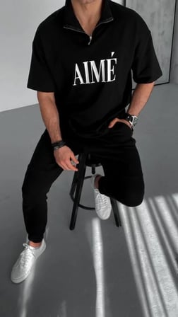 Unisex Yarım Fermuarlı Baskılı T-Shirt - Siyah