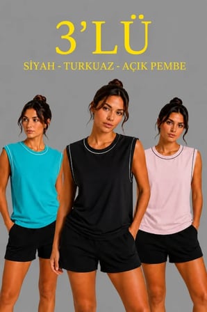 3’lü Kolsuz Sporcu Atlet Seti Yazlık Bisiklet Yaka - Siyah, Turkuaz, Pembe