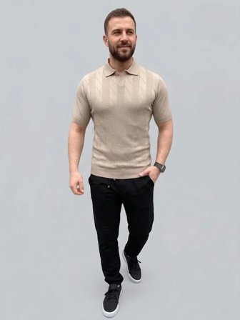Erkek Yazlık Triko Dokuma Tişört Kısa Kol Polo Yaka T-Shirt - Bej