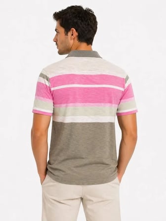 Erkek Flamlı Penye Çizgili Polo Yaka Tişört Kısa Kol Yazlık T-Shirt - Gri
