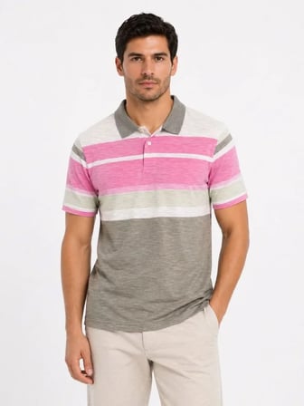 Erkek Flamlı Penye Çizgili Polo Yaka Tişört Kısa Kol Yazlık T-Shirt - Gri