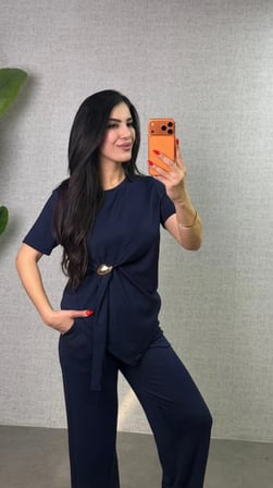 Kadın Kısa Kollu Bisiklet Yaka Yandan Toka Detaylı Viskon Iki Iplik Bluz Ve Pantolon Ikili Takım