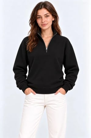 Üç İplik İçi Şardonlu Dik Yaka Yarım Fermuarlı Kışlık Sweatshirt - Siyah
