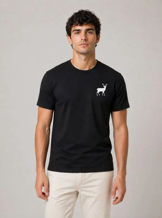 Erkek Minimal Geyik Logolu Tişört Bisiklet Yaka Kısa Kol Yazlık T-Shirt - Siyah