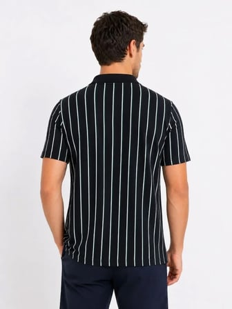Erkek Pike Kumaş Çizgili Polo Yaka Tişört Kısa Kol Yazlık T-Shirt - Siyah